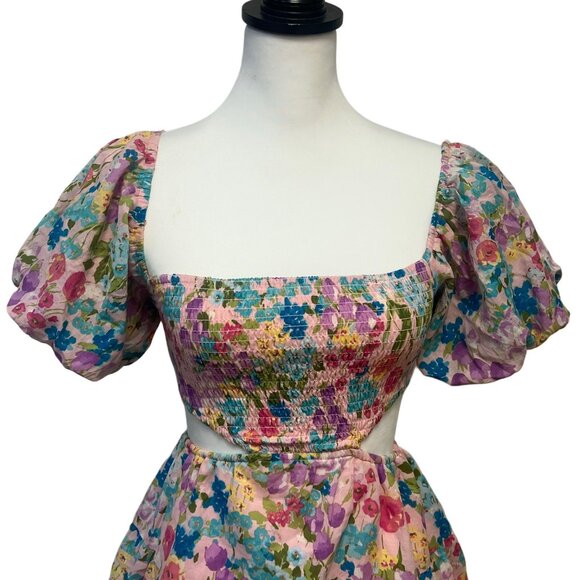 Sky To The Moon Cutout Floral Mini Dress Flare Puff Sleeve Smocked Open Back - Picture 7 of 12